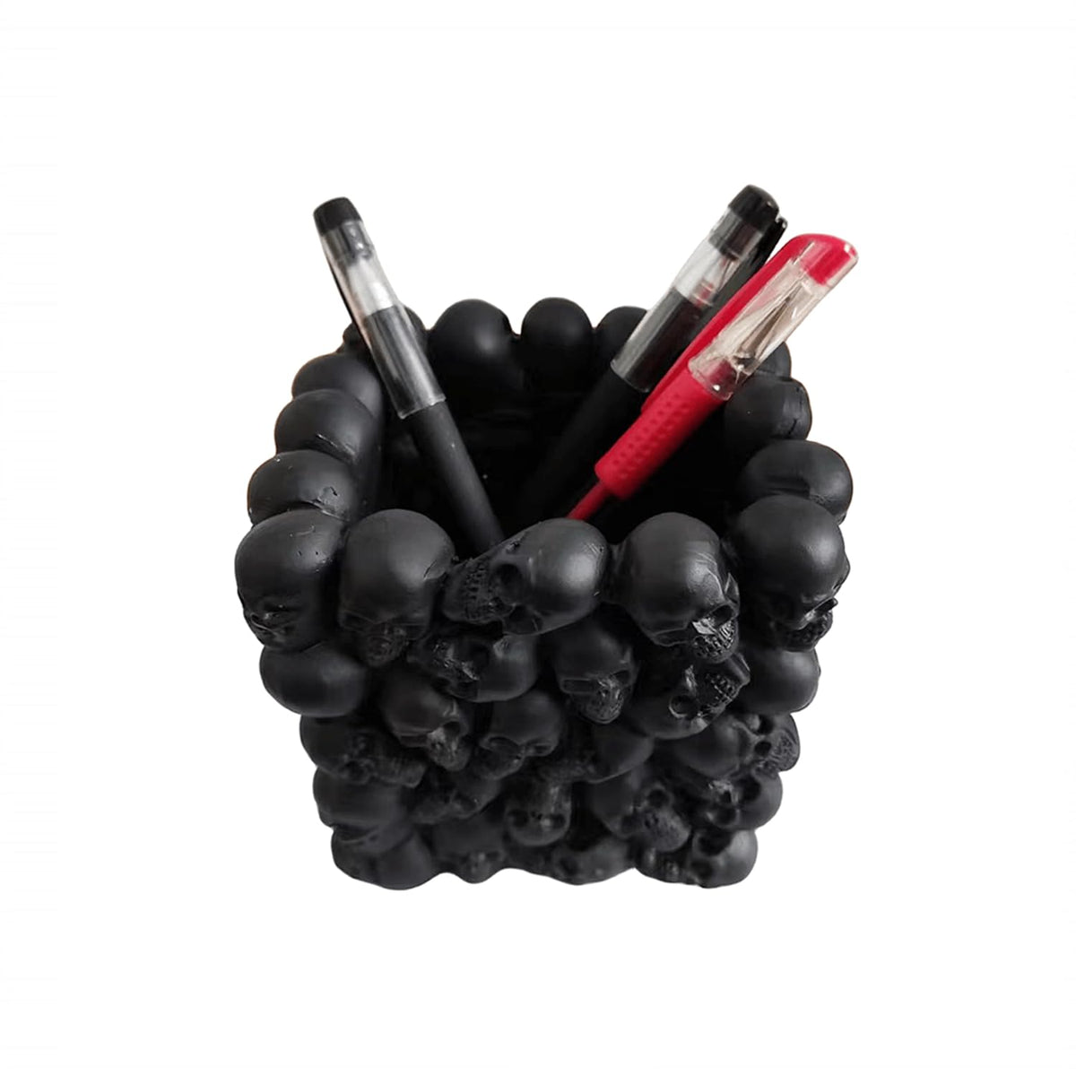 RURAUOGR Skull Pen Pencil Holder Makeup Brush Holder Toothbrush Holder Flower Pot Key Storage Resin Skeleton Home Office Halloween Decor (Black)