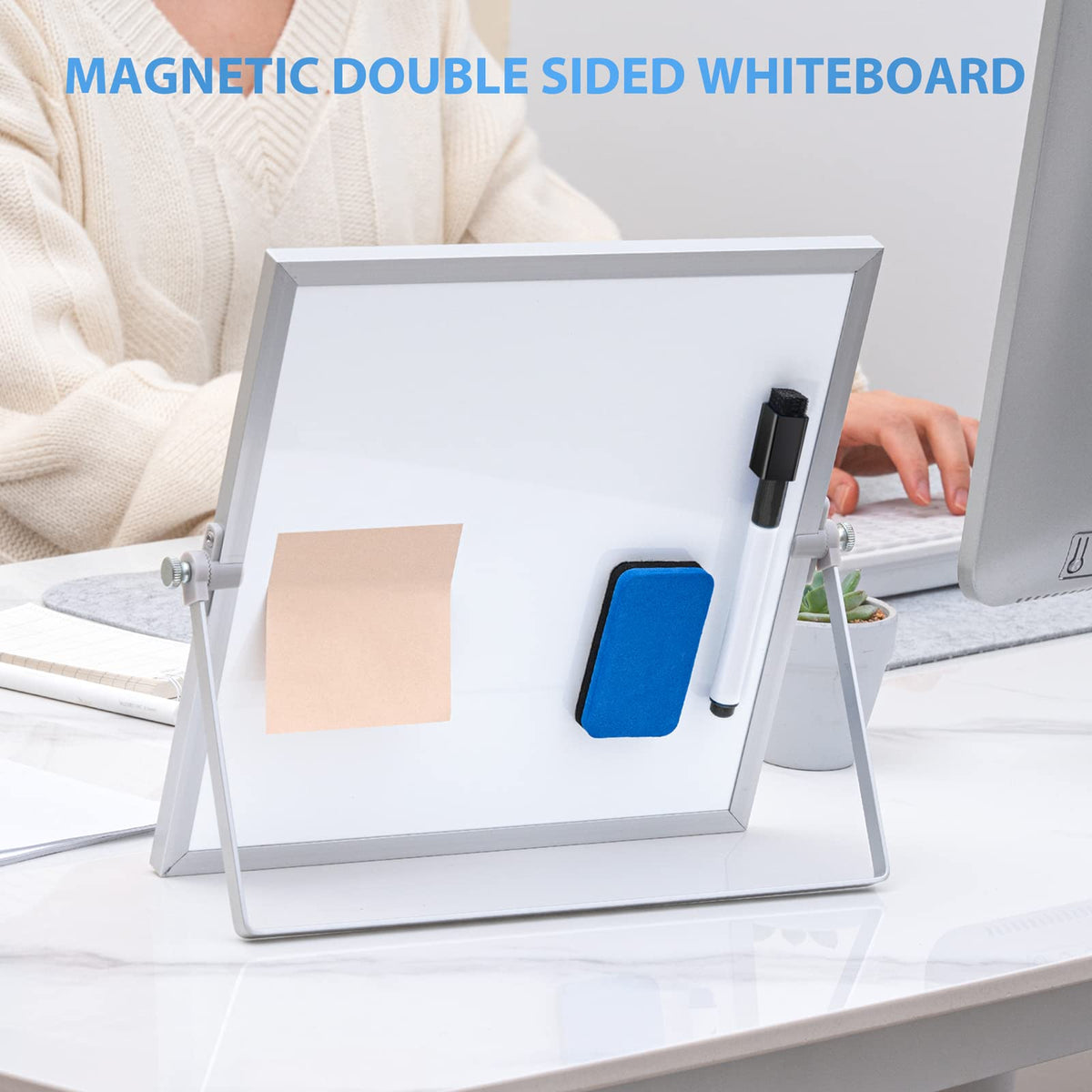 ARCOBIS Small WhiteBoard with Stand 10" X 10", Magnetic Double-Sided Dry Erase White Board Easel for Desk Students Home Office