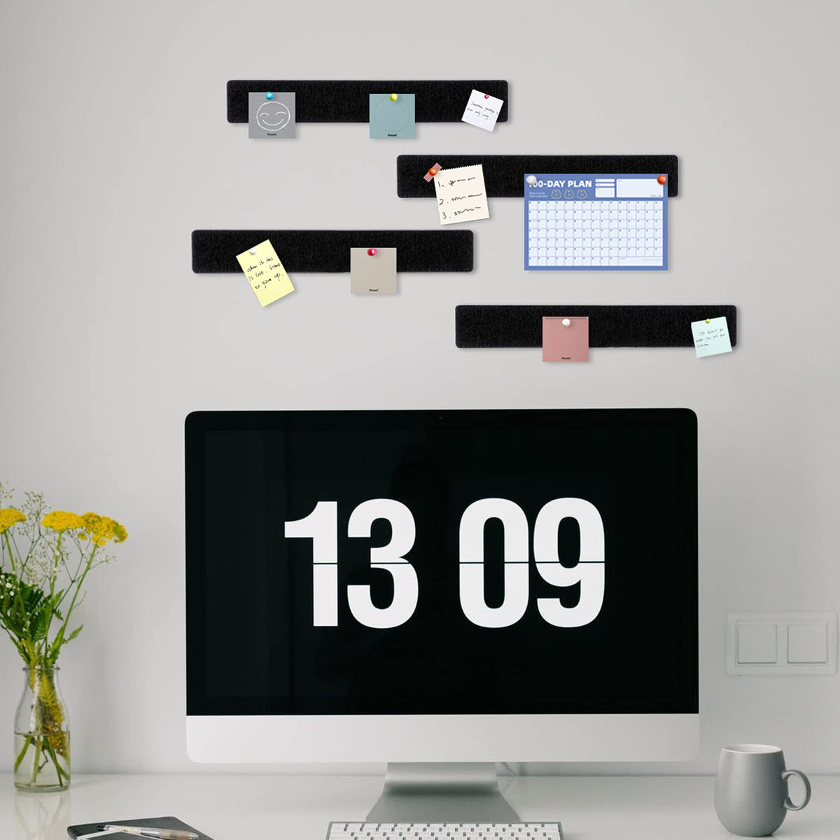 GoTiling Cork Board for Walls - 8 Pack Felt Pin Board Bar Strips - Self-Adhesive Lightweight Bulletin Board - Cork Board for Office with 40 Push Pins No Damage for Wall (Black)