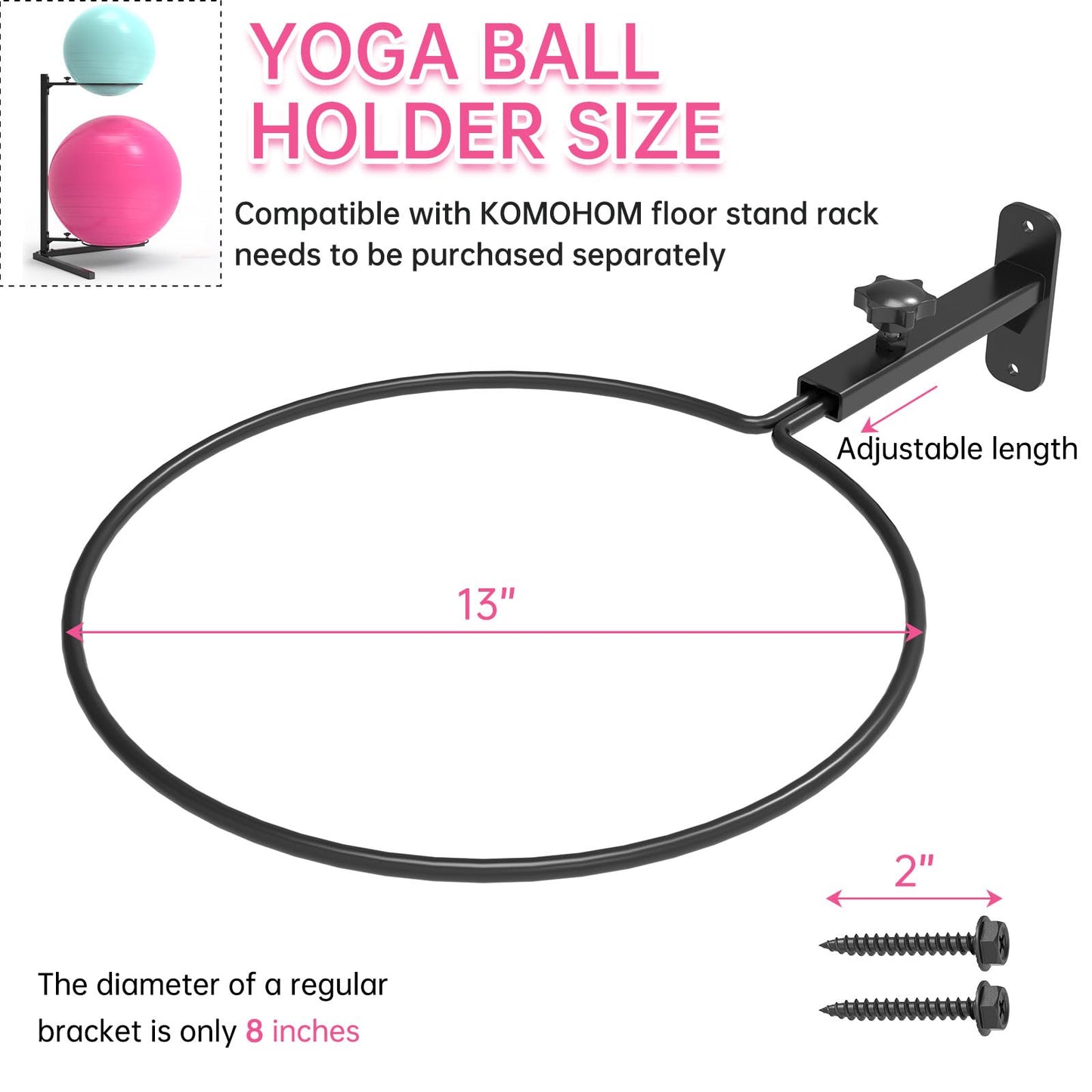 KOMOHOM Universal Wall-Mounted Exercise Ball Holder, Adjustable Yoga Ball Storage Rack for 14 to 30 Inch Stability Balls, Heavy-Duty Metal with 12-Inch Diameter Ring, Space-Saving Design