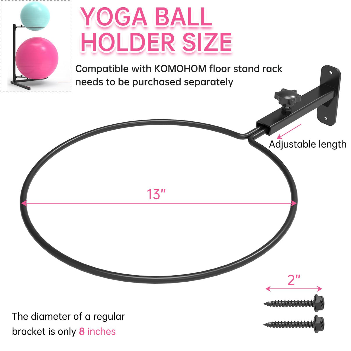 KOMOHOM Wall-Mounted Yoga Ball Holder, Black Metal, 12-Inch Diameter Ring, Universal Exercise Ball Storage Rack for 14-30 Inch Stability Balls(2PCS)