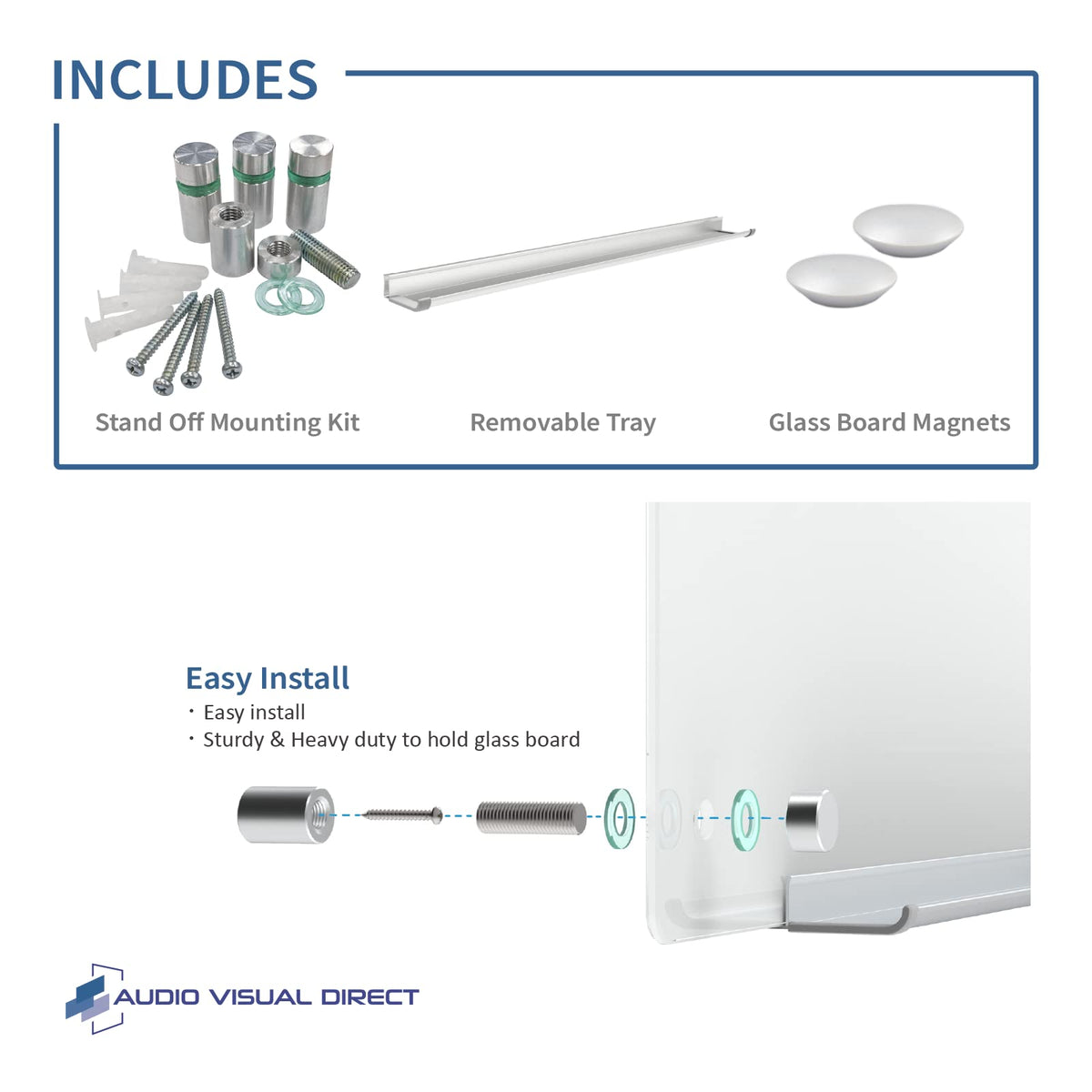 Audio-Visual Direct Magnetic Ultra White Glass Dry-Erase Board Set - 40" x 35" - Includes Magnets, Hardware & Marker Tray