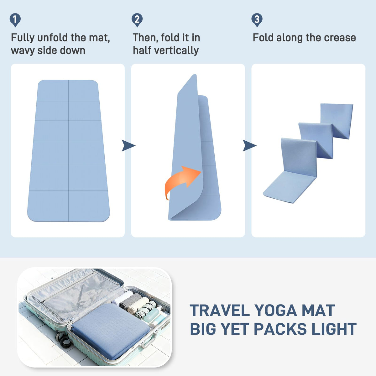 Kanonmaori Foldable Yoga Mat for Travel 72"x 32"x 0.32"Inch, 8mm Thick Folding Exercise Mat, Outdoor Non-slip Pilates Mat for Women & Men, Wide Yoga Mat Packable for Workout and Fitness(blue)