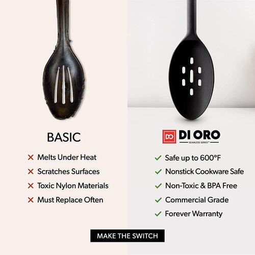 DI ORO Silicone Cooking Spoons - Heat-Resistant 600°F Non-Stick Utensils | Large Solid & Slotted (2pc, Black)
