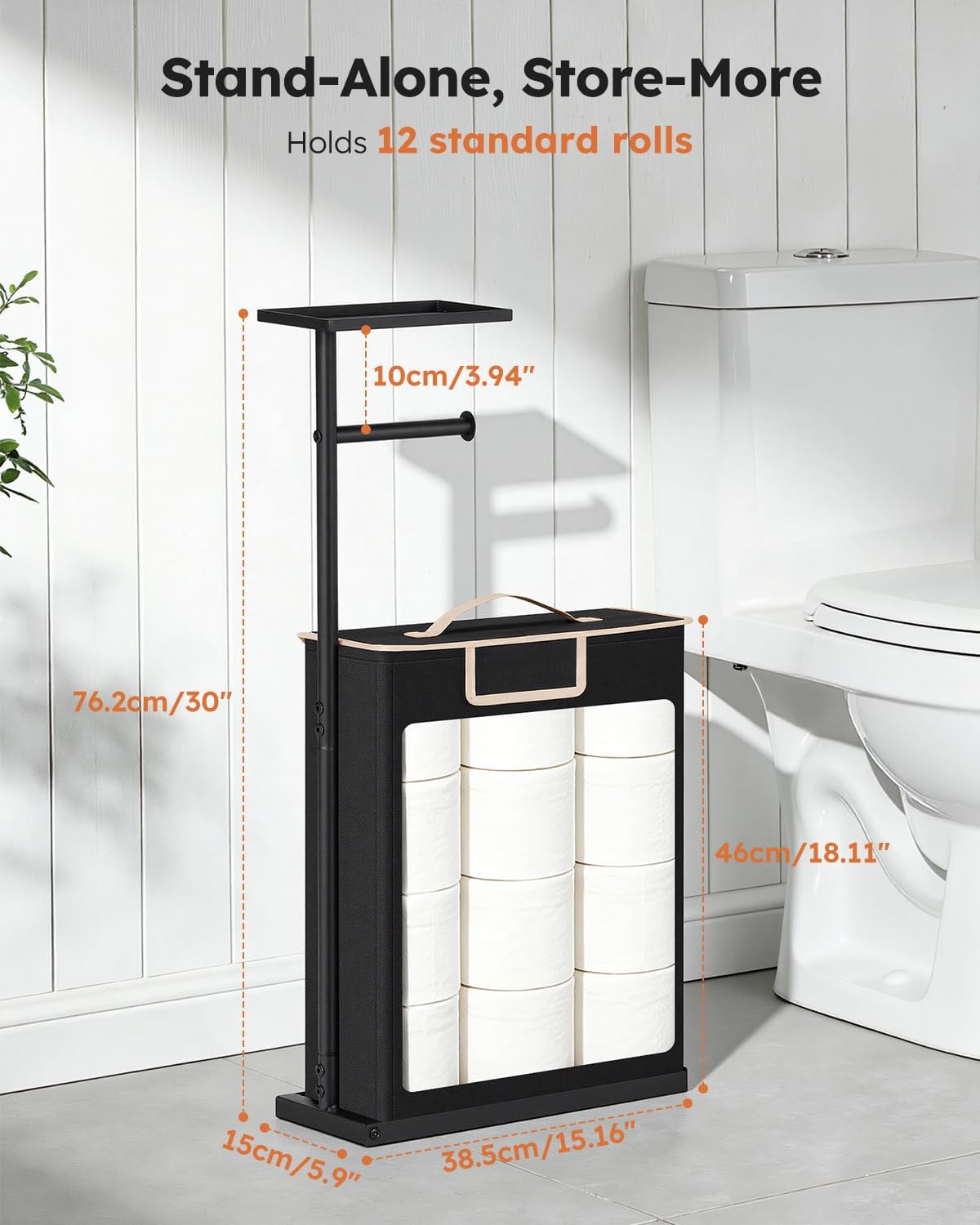 Skiennix 30" H Toilet Paper Holder Stand - Rustproof Free Standing Organizer with Shelf & Basket, Black