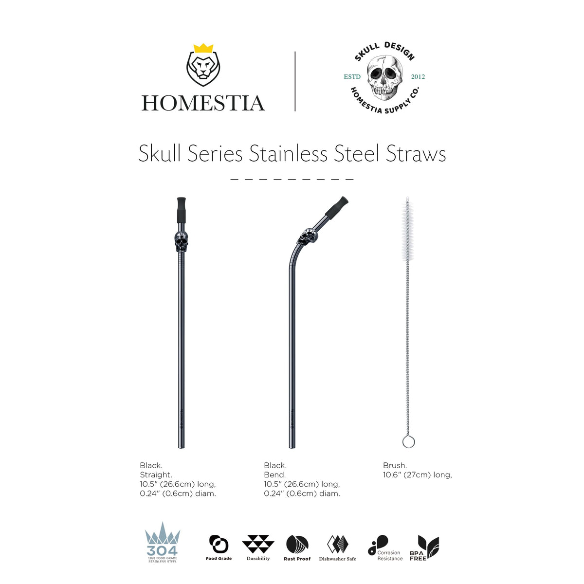 Homestia Skull Reusable Stainless Steel Straws 10.5" - 6 Pack Metal Drinking Straws with Cleaning Brush & Pouch for Tumbler, Smoothie, Cocktail (3 Straight + 3 Bent), Black Color