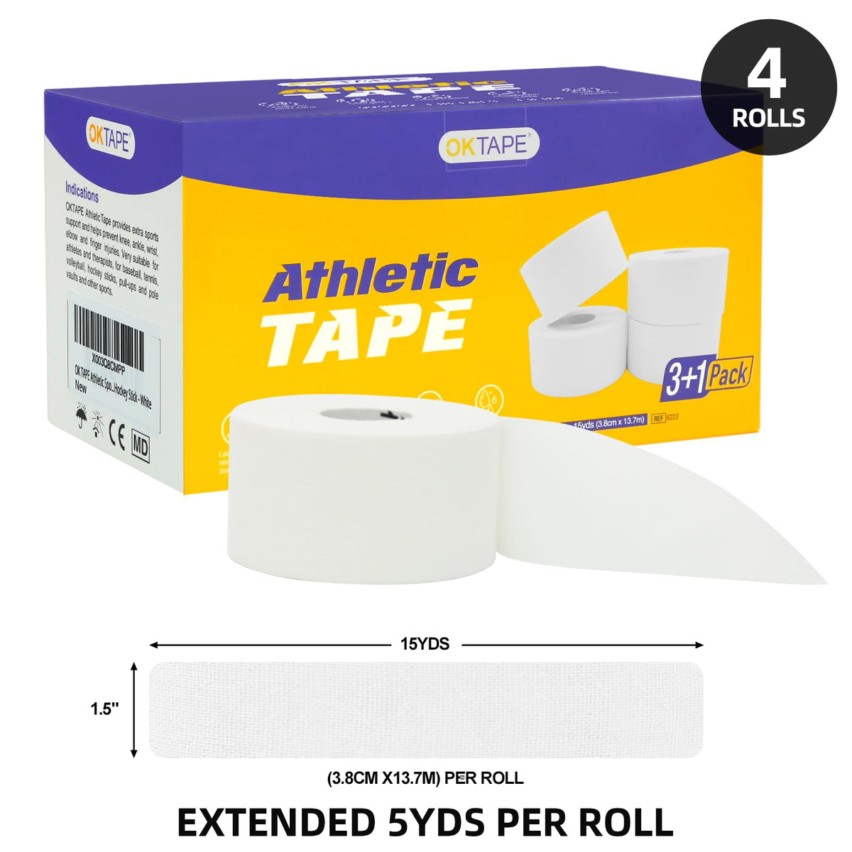 OK TAPE Athletic Sports Tape(4 Packs) - 45ft Per Roll Very Strong Tape for Athlete & Sport Trainers & First Aid Injury Wrap, Perfect for Fingers Ankles Wrist on Bat, Hockey Stick - Black