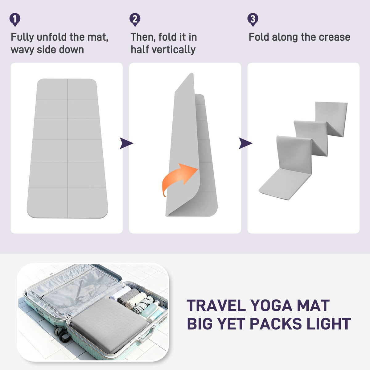 Kanonmaori Foldable Yoga Mat for Travel 72"x 32"x 0.32"Inch, 8mm Thick Folding Exercise Mat, Outdoor Non-slip Pilates Mat for Women & Men, Wide Yoga Mat Packable for Workout and Fitness(grey)