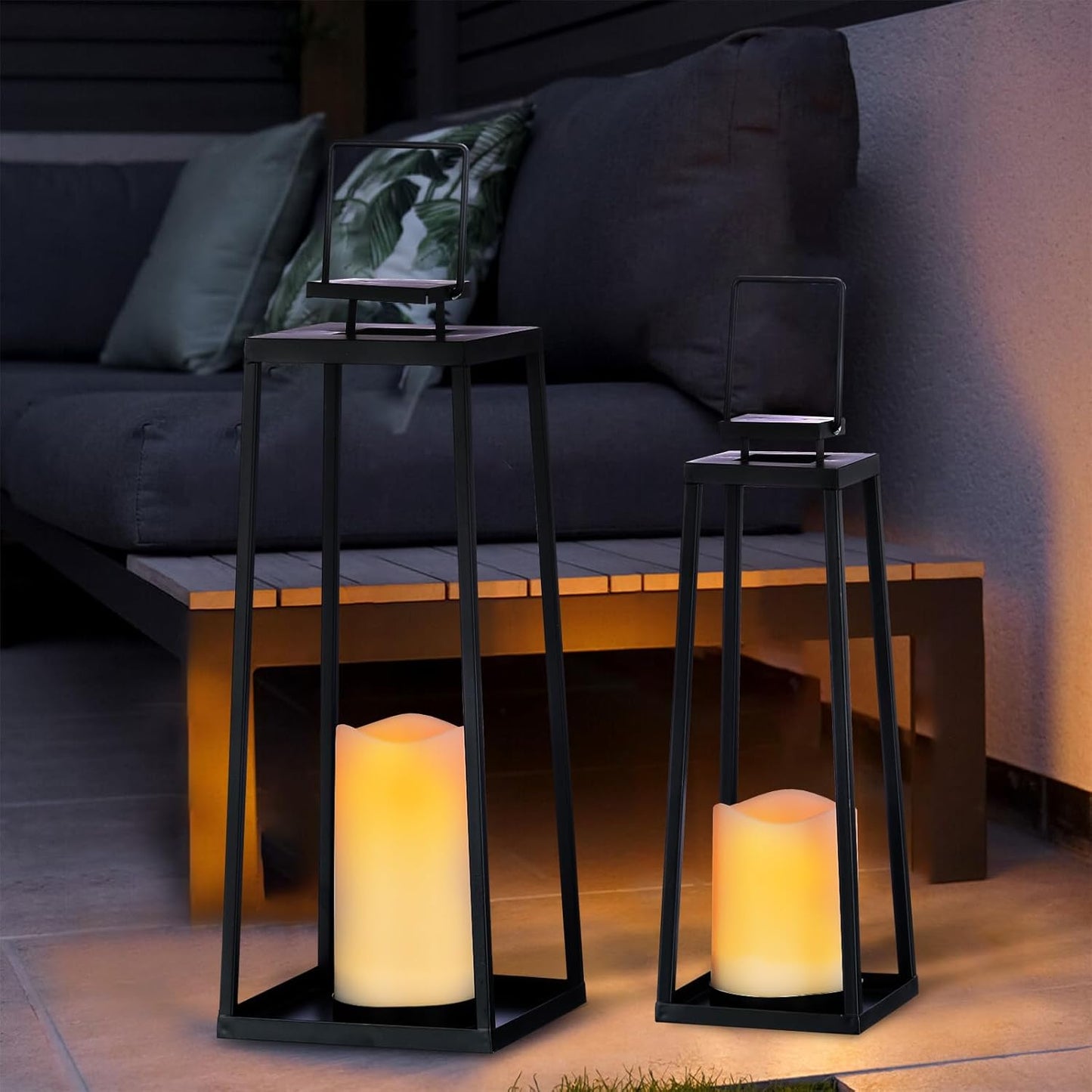 Skiennix Solar Lantern Set of 2 - Modern Black Metal Lanterns with Solar Candles for Outdoor Decor | 18” & 15”