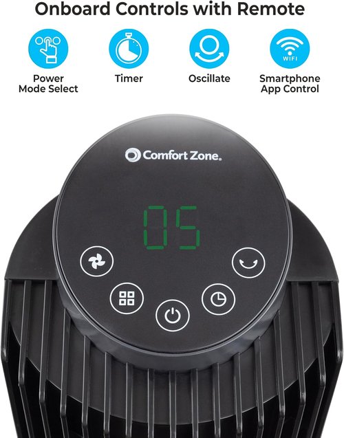 Comfort Zone Smart Wi-Fi Oscillating Tower Fan - Bladeless, 5 Speeds, Adjustable 36-42" Height, Remote & App Control