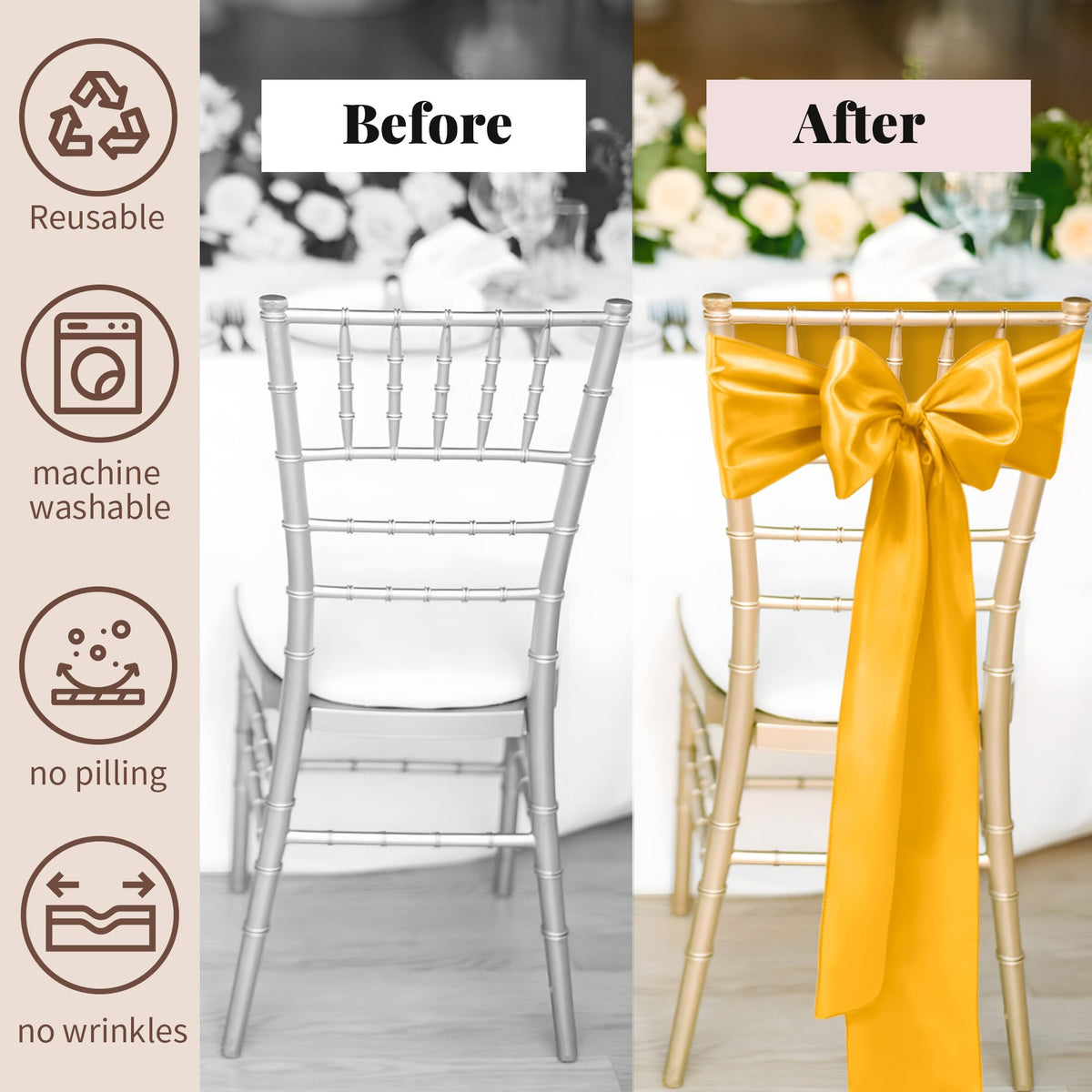 WASIRL Satin Chair Sashes Bows 50 pcs Chair Ribbon Sashes for Wedding Party Reception Events Banquets Hotel Event Chairs Decoration(Gold 7x108 inch)