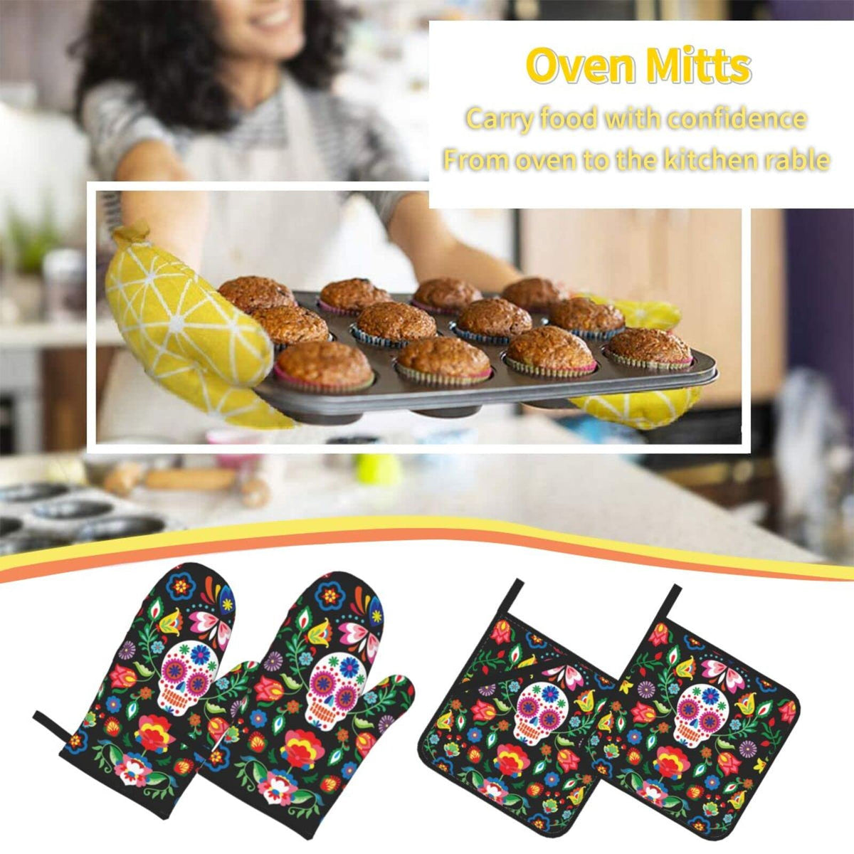 Mexican Skull Skeleton Floral Oven Mitts and Pot Holders Set of 4, Oven Mittens and Potholders Heat Resistant Gloves for Kitchen Cooking Baking Grilling BBQ
