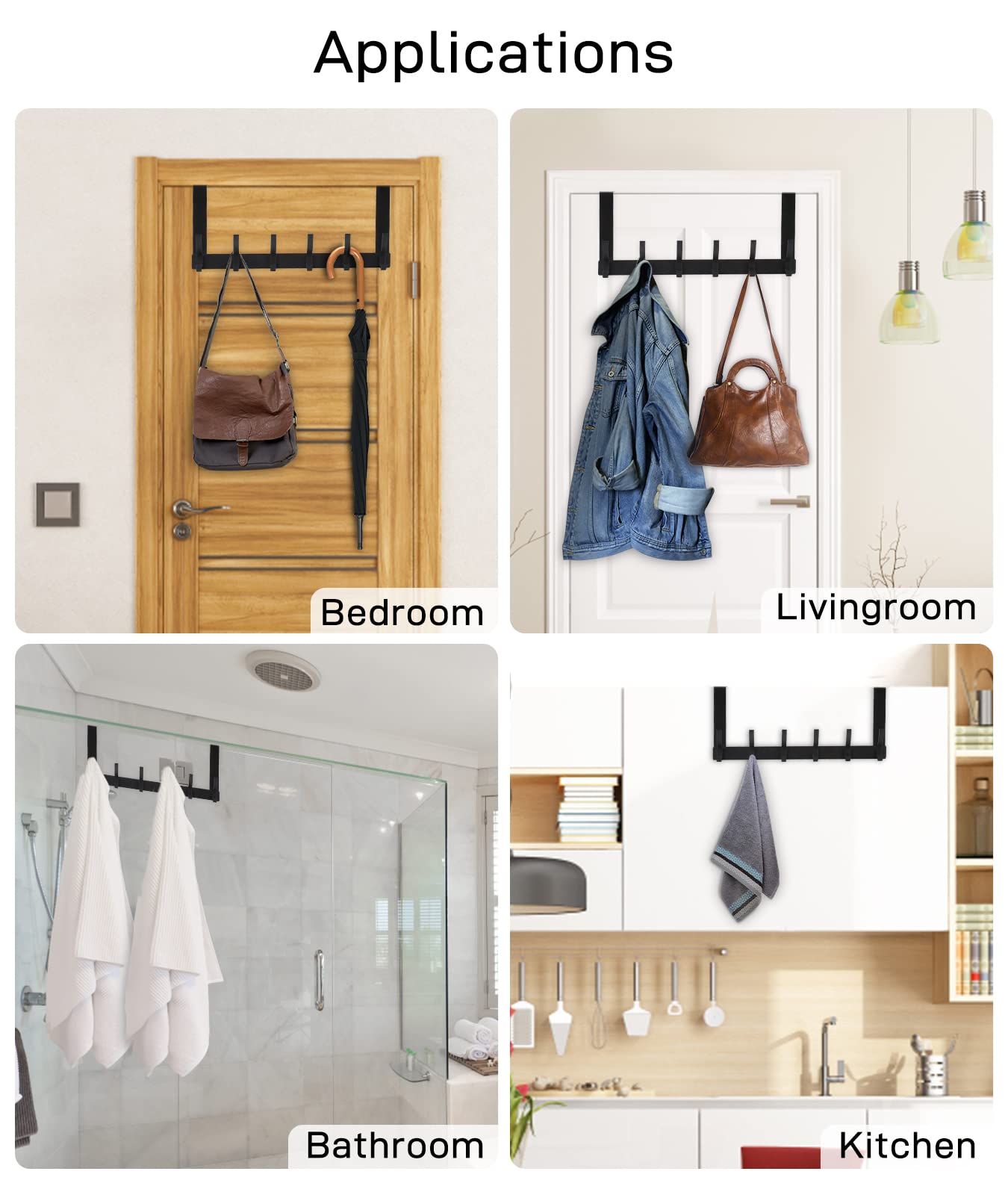 Optish Over The Door Hooks, Door Hanger Hooks for Hanging, Towel Racks for Bathroom with 12 Coat Hook, Coat Rack College Dorm Essentials Bathroom Accessories(1 Pack, Black)