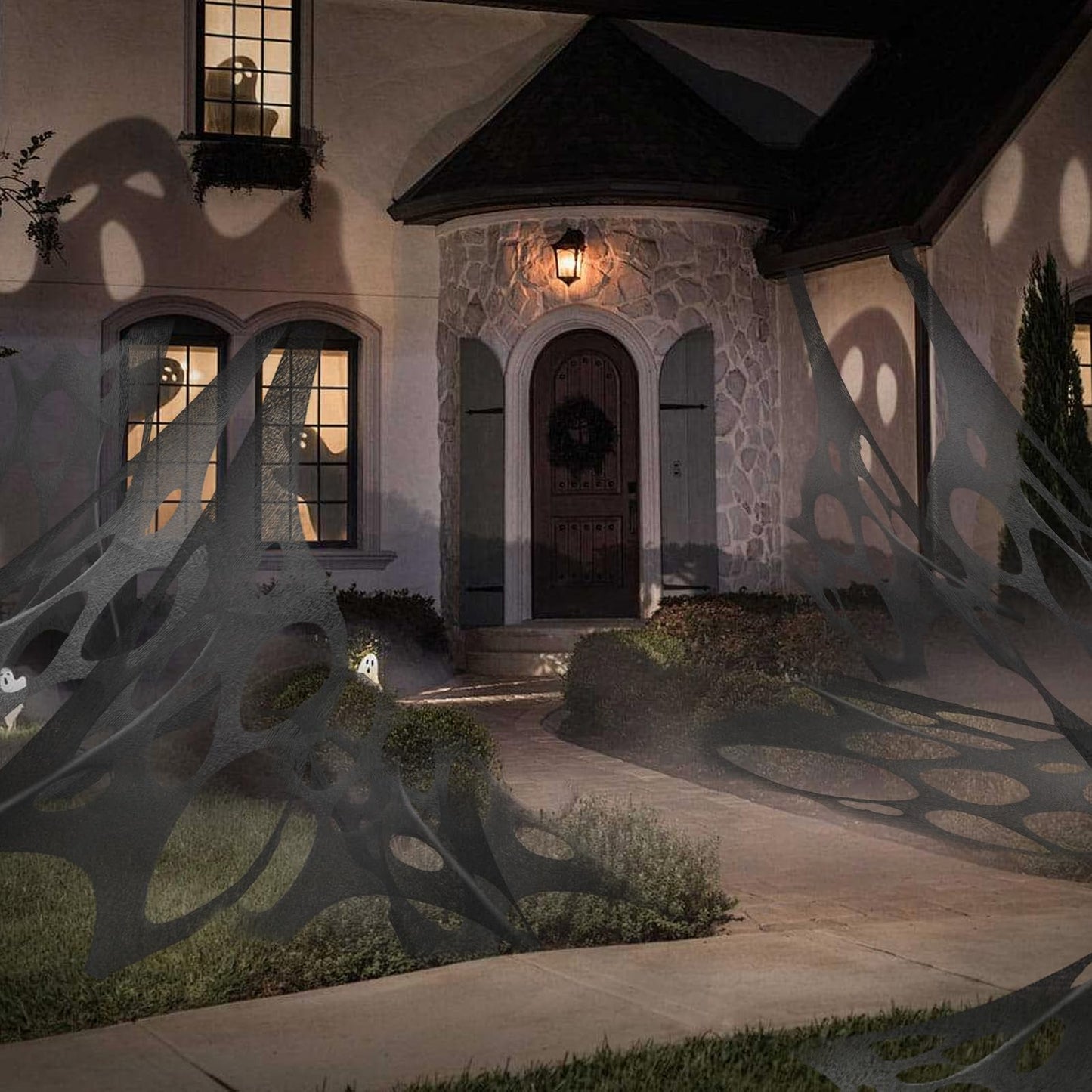 wymulot 1000 Sqft (After Streched with Holes) Grey Uncut Giant Spider Web Halloween Decorations Outdoor with 10 Ground Nails Stretchy Beef Cloth Netting DIY Flexible Elastic for Yard Party Decor