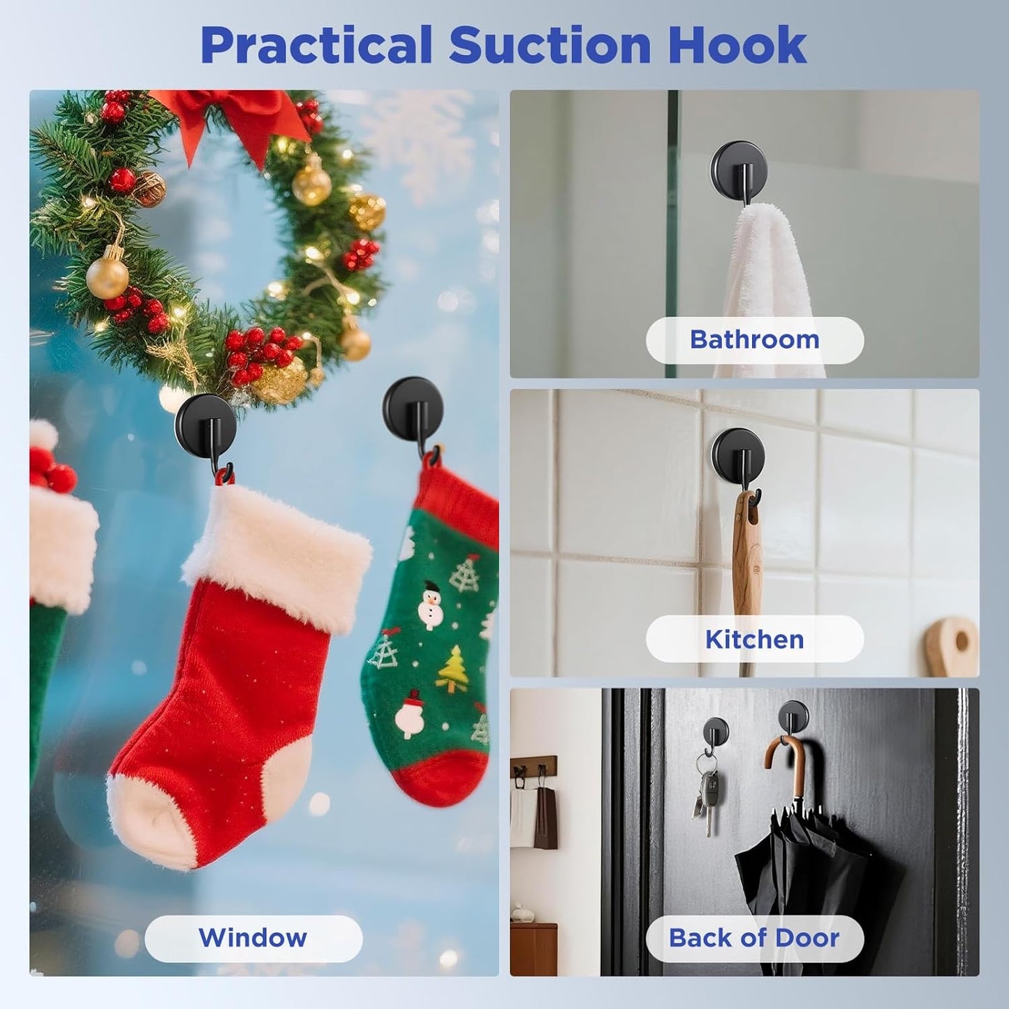 OUTXE Wreath Hanger - Upgraded Suction Cup Hook for Front Door & Glass Window | 4-Pack (Black)