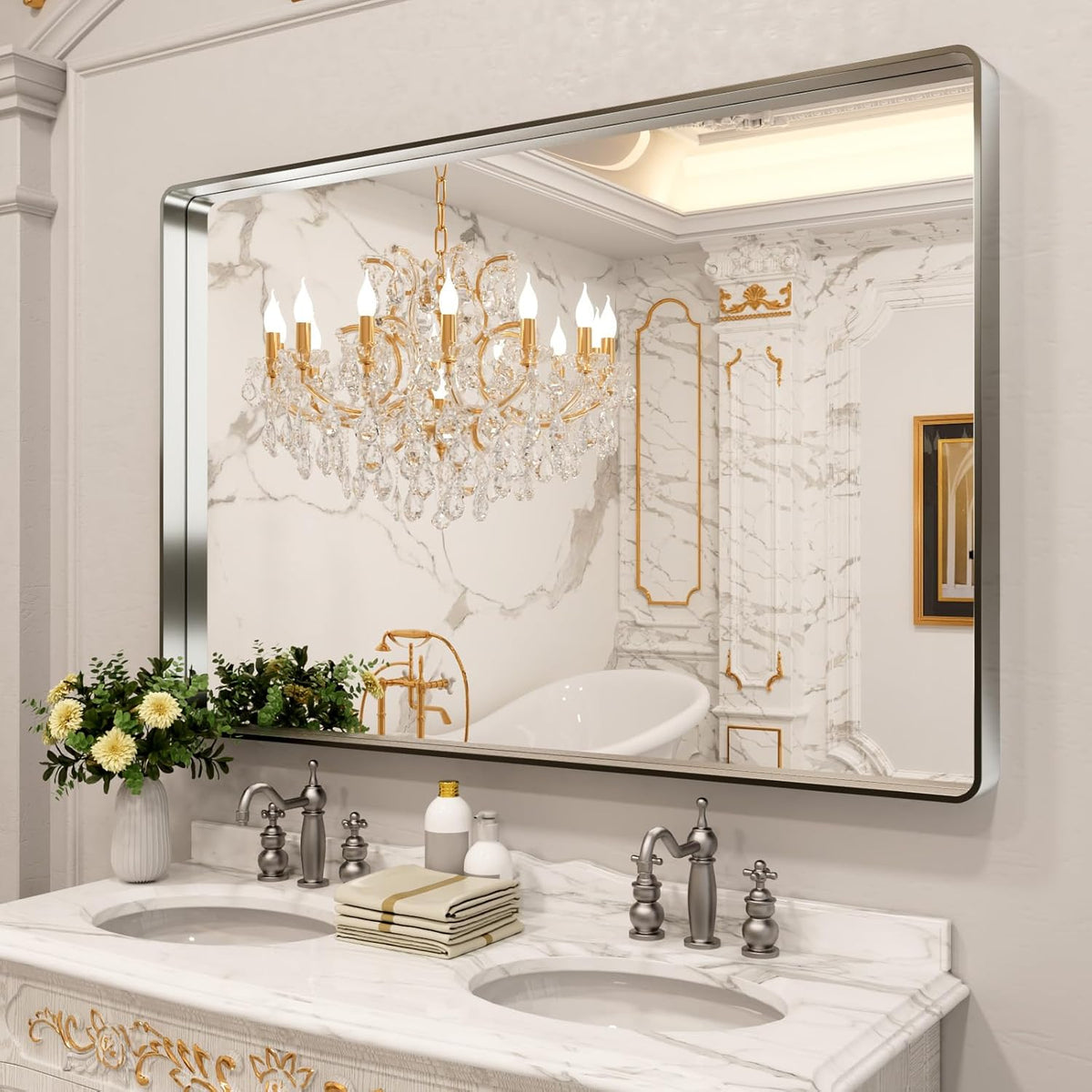 LOAAO Brushed Nickel Bathroom Mirror - 60x40 Inch Rounded Rectangle Design | Anti-Rust, Shatter-Proof, Versatile Hanging Options