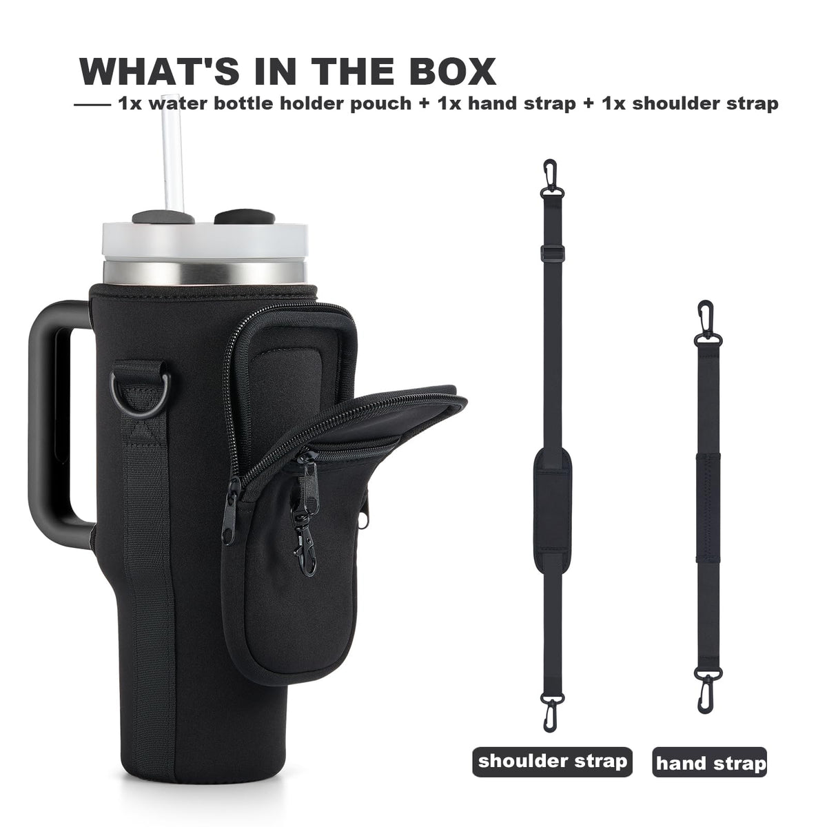 BULKITEM Water Bottle Carrier Bag with Phone Pocket for Black Stanley 40 oz Tumbler with Handle, Black Insulated Neoprene Cup Holder Pouch Strap for Valentines Stanley Cup Accessories