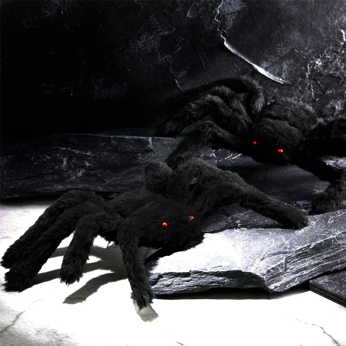 JOVITEC 4 Pack Hairy Spiders Giant Spider Huge Spider Fake Hairy Spider Toys for Halloween Parties Haunted House Decorations, 12 Inches (Black)