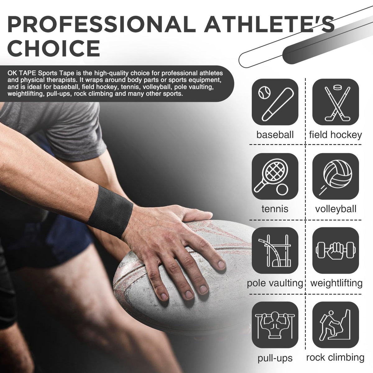 OK TAPE Athletic Sports Tape(4 Packs) Black- 32.8ft Per Roll Athletic Tape for Injuries,Strong Stick No Residue Athlete & Sport Trainers First Aid Injury Wrap, Hockey Stick