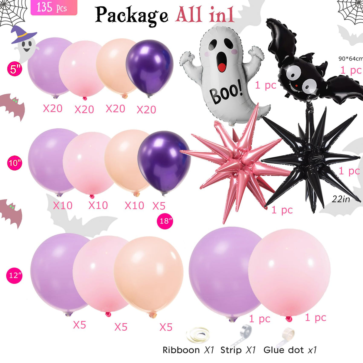 Pastel Halloween Birthday Balloon Garland arch Kit 130 Pcs Purple Pink Orange Balloons + Bat Ghost Mylar Balloons for Spooky Halloween Arch Booday Summerween birthday Party Decorations