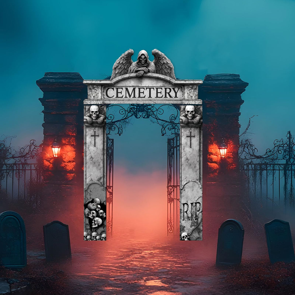 BrightRow Halloween Decorations 3 Pcs Gothic Graveyard Door Frame Archway Banner, Grim Reaper Backdrop Polyester Hanging Banner with PVC Rope for Indoor Outdoor Haunted House Party Supplies