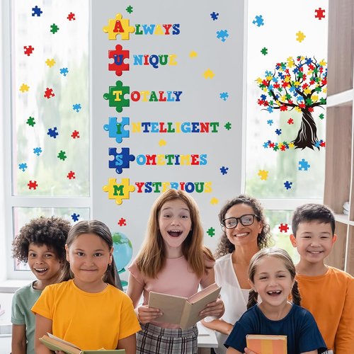 Cinrobiye Autism Awareness Wall Decal - Inspirational Puzzle Piece Tree Design for Classroom Decor