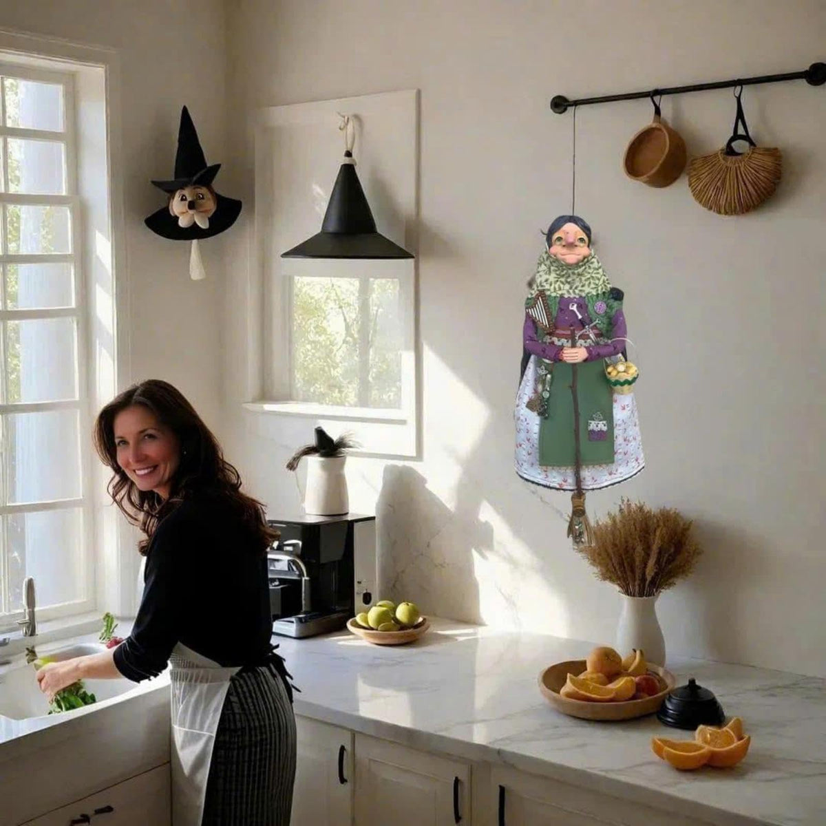 Handmade Kitchen Witch Doll, Good Luck Cooking Dolls Hanging Ornament, Unique Home Decor Figure on Broomsticks for Cooks, Festive Lucks Charm Decoration for Culinary Enthusiasts(C)