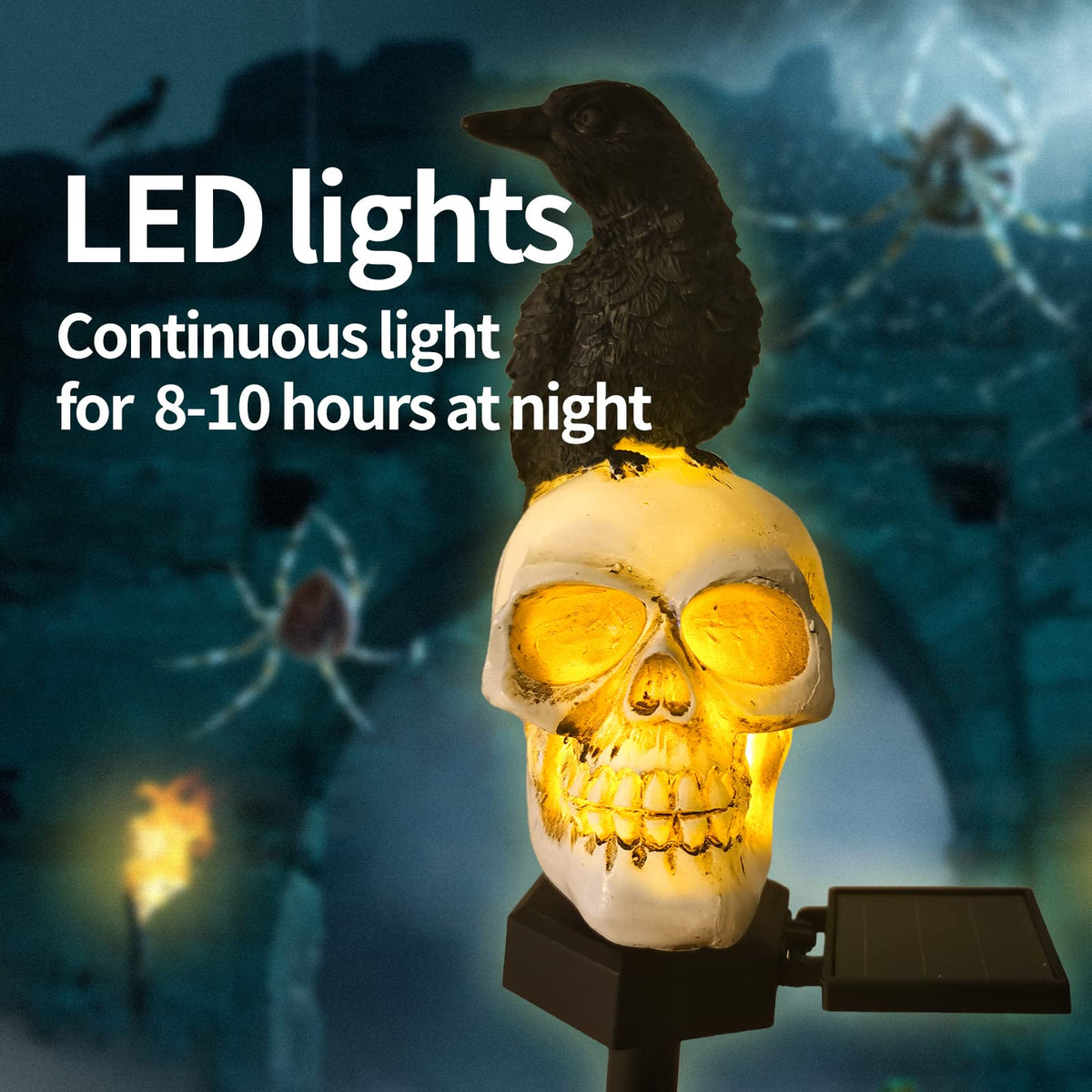 QH & Garden Halloween Outdoor Decoration Solar Lights, Waterproof Ghost Lights, Skull Solar Garden Statue with Black Crow on Skull, Skeleton Stakes with LED, Stunning Halloween Decorations