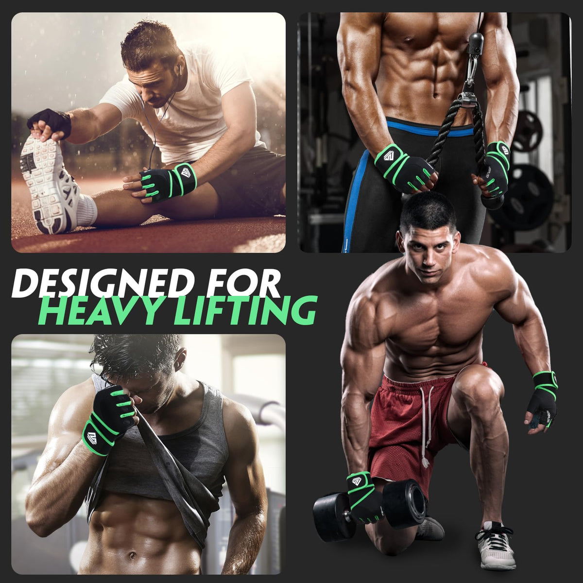 HTZPLOO Workout Gloves Gym Gloves Weight Lifting Gloves for Men with Full Palm Pad,Strong Wrist Wraps Support,Enhanced Grip,for Fitness,Training,Weightlifting,Exercise (Green,Small)