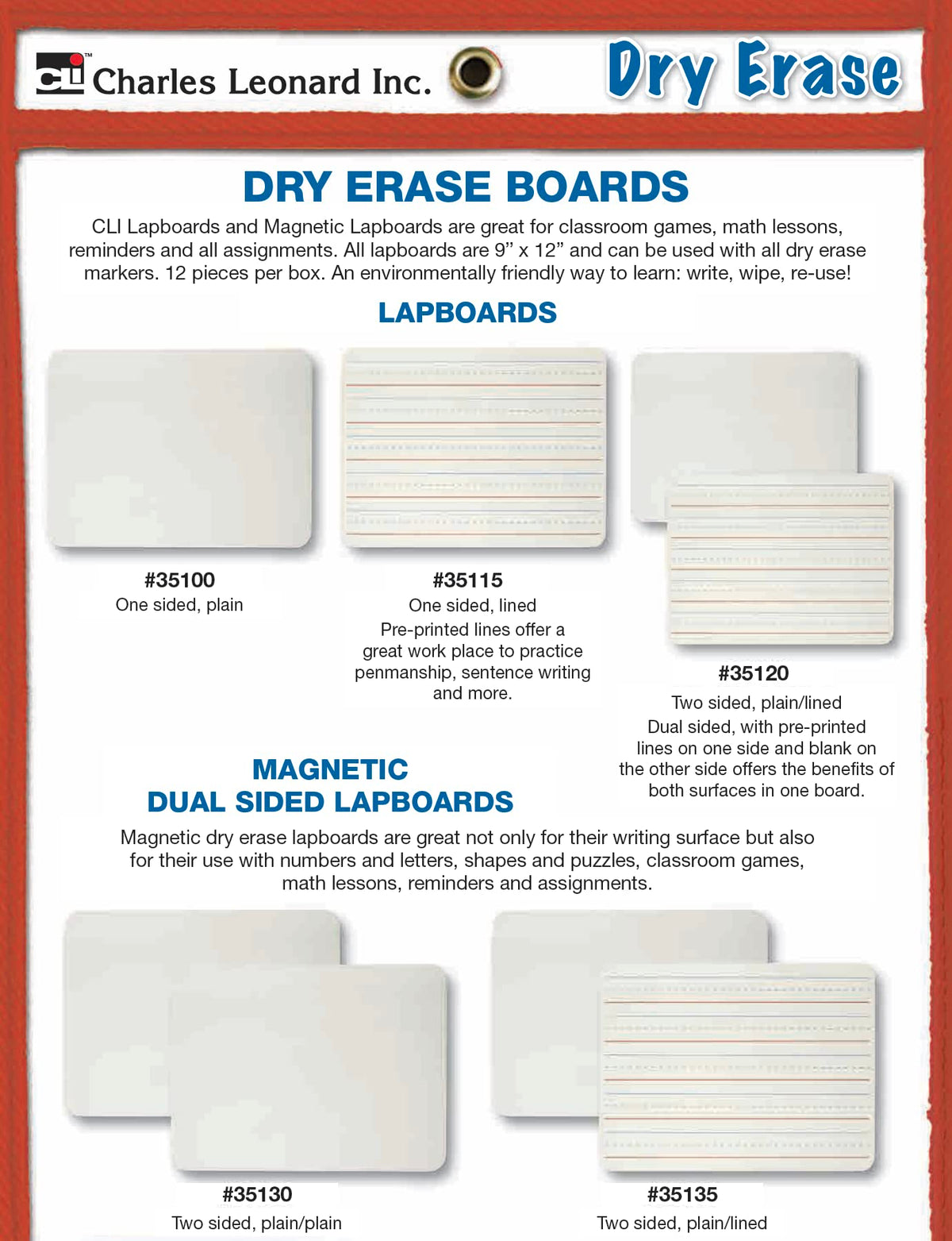 Charles Leonard Dry Erase Lapboard, 9 x 12 Inches, Masonite, One Sided, Plain White, 1 Each (35100) (Pack of 2)