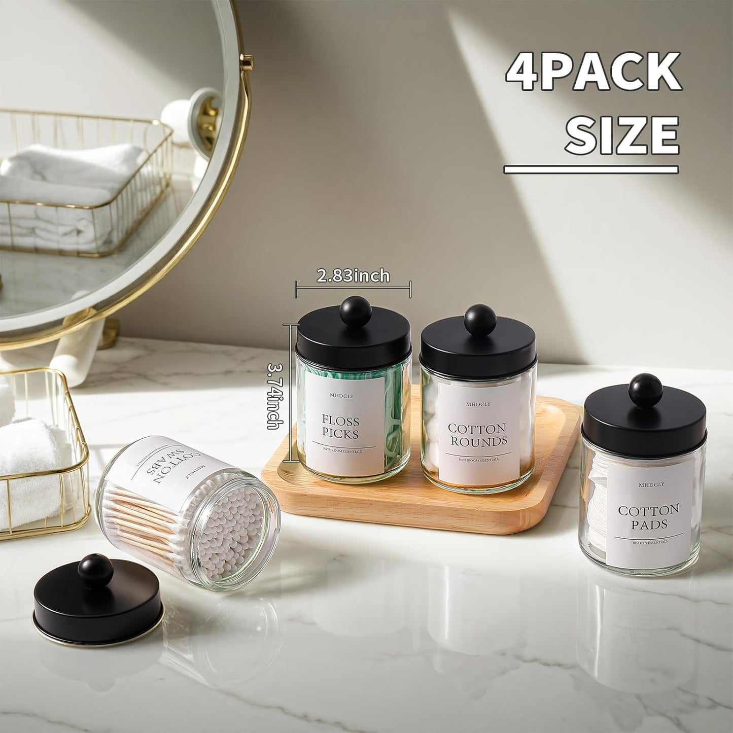 Skiennix Bathroom Organizers - 4 Pack Storage Accessories for Aesthetic Home Decor | Black Lids
