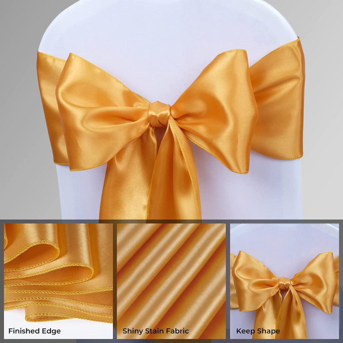 Babenest Satin Chair Sashes Ties Upgraded 30 pcs Chair Ribbons Bows for Wedding Banquet Party Easter Christmas Baby Shower Events Decoration (Gold)