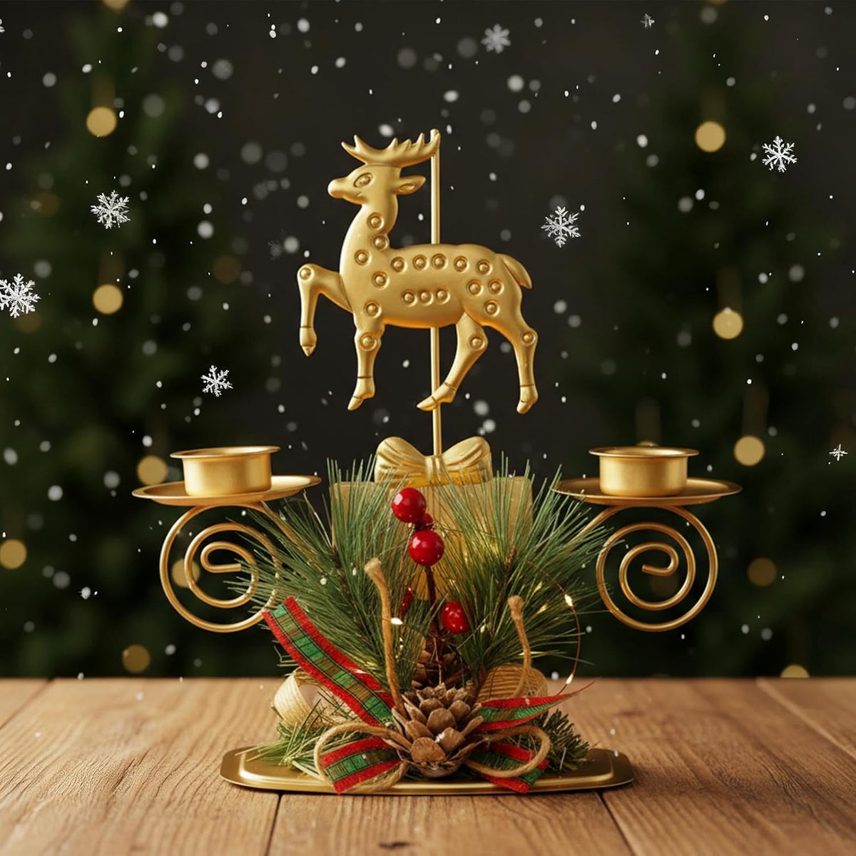 ABTOLS Reindeer Tealight Candle Holders - Festive Elk Gold Design with Red Berry | Perfect for Christmas Table Decor