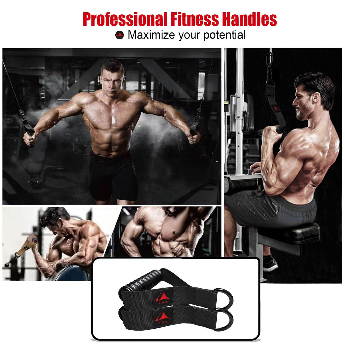 Vigoog Heavy Duty Exercise Handles, Ultra-Durable Rubber Workout Grip Attachments for Cable Machines, LAT Pulldown, Resistance Bands, Home Gym and Commercial Fitness Equipment (Carbon Black XR)