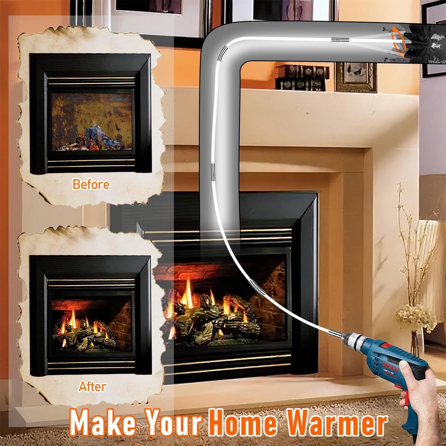 Skiennix Chimney Sweep Kit - 30 Feet Rotary Cleaning System with 8-Inch Brush Head & 23 Flexible Rods
