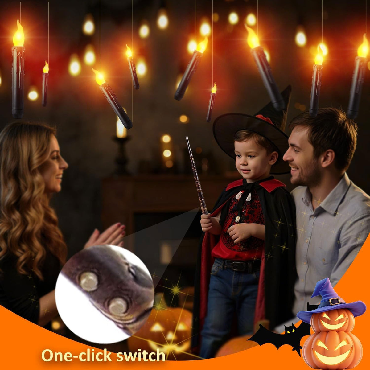 Floating Candles with Magic Wand Remote - 12 Pack Black Battery Operated Flickering Hanging Flameless LED Candle Lights,Realistic Taper Candles with String for Halloween,Christmas,Windows,Ceiling