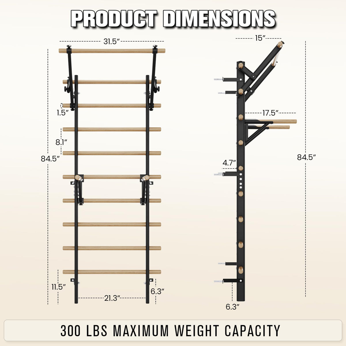 Swedish Ladder Wall Gym, Stall Bar Home Gym with Adjustable Pull-Up Bar, Dip Bar Attachments & 2pcs Resistance Band, 9 Strategic Rods for Core Strengthening and Stretching Balanced for Body Exercise