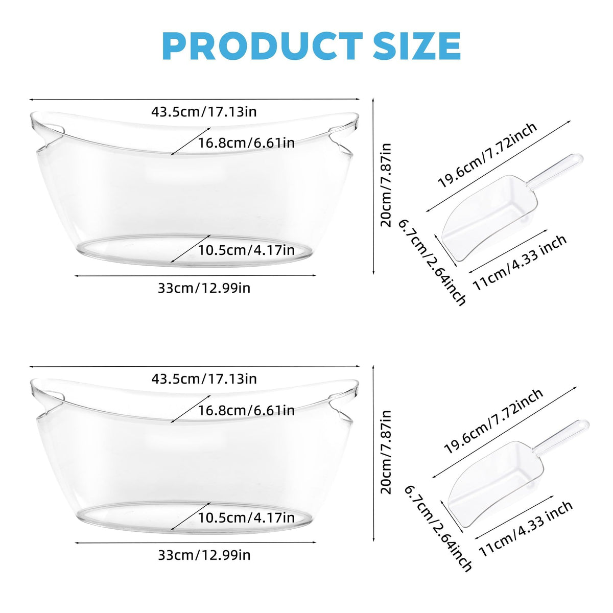 Acrylic Champagne Bucket Set of 2, Ice Bucket for Parties6.5L Large Party Ice Bucket with Ice Scoop & Bottle Opener – Clear Drink Tub for Wedding, Bar, Pool Party, Beer & Wine Chilling (White-A)