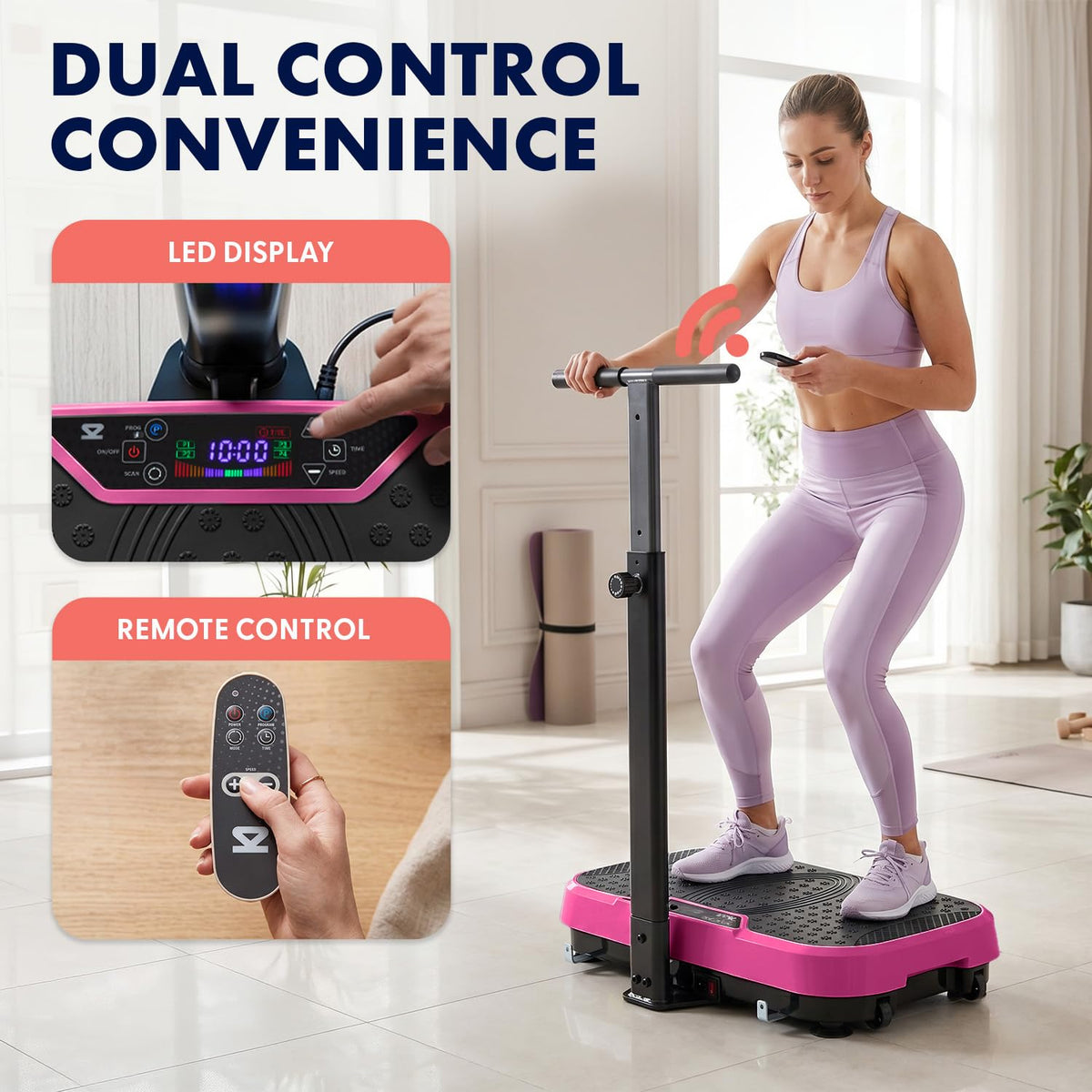 SQUATZ Vibration Plate Exercise Machine with Handlebar, Vibration Plate with Handles, 1-99 Speed Levels, 10 Preset Programs, Low-Impact Home Fitness Platform with Remote, Portable Design, Pink