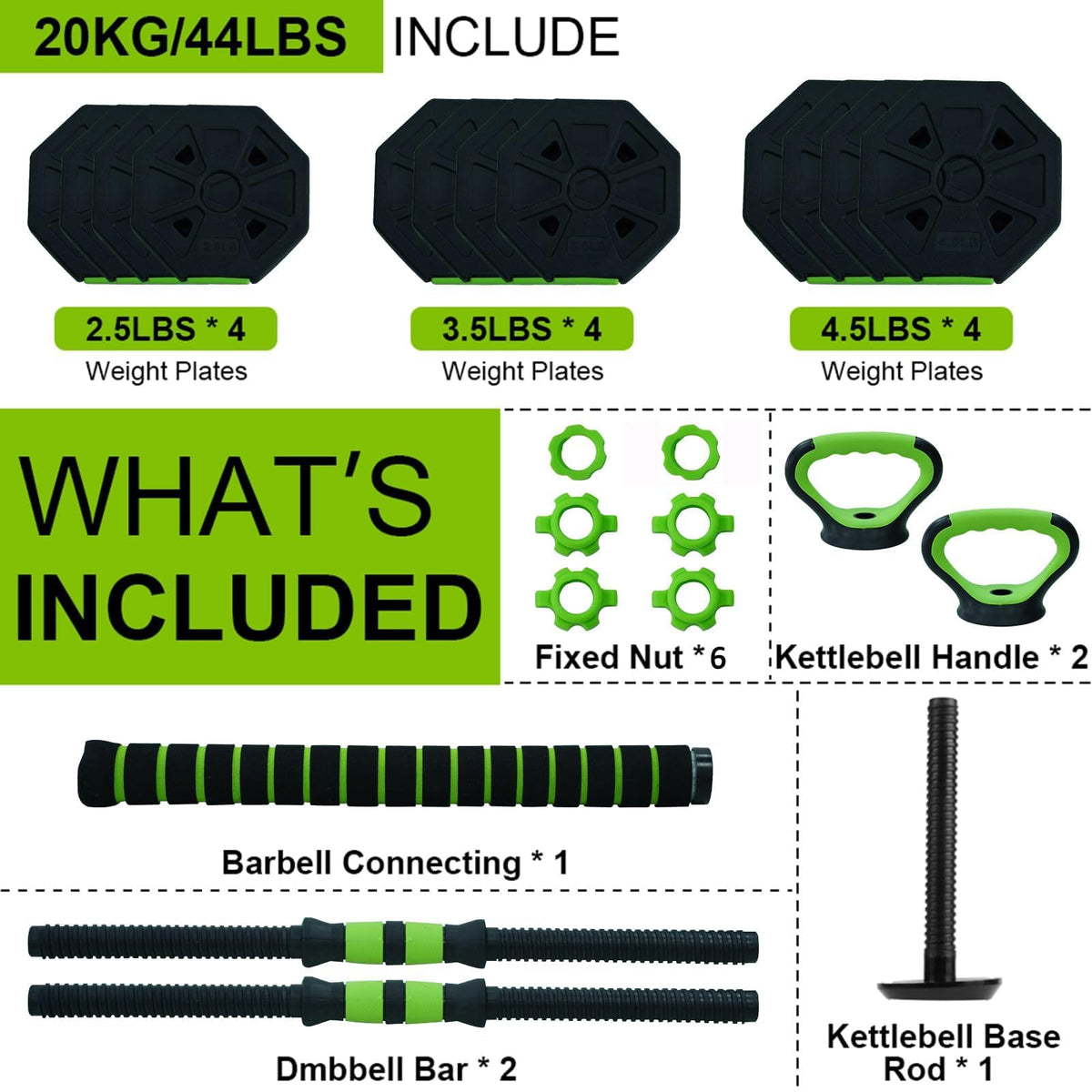 Adjustable Dumbbell Set, 4 in 1 Free Weights Dumbbells Set with Connector, Barbell Weight Set Used As Kettlebells, Barbell, Push Up Stand, Fitness Exercise for Home Gym Suitable Men/Women