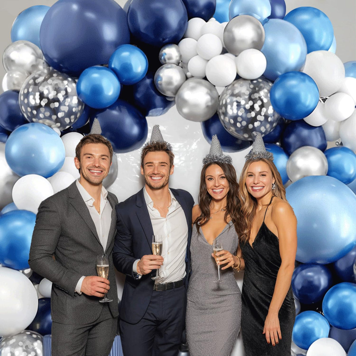 Skiennix Balloon Arch Kit - Navy Blue & White Balloons with Metallic Silver Confetti | Perfect for Graduation & Parties