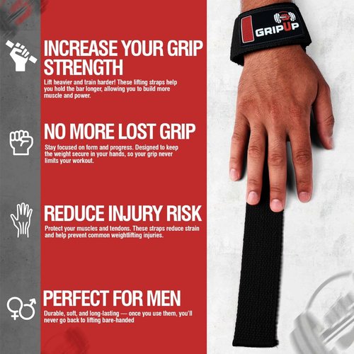 GripUpBar Lifting Straps For Weight Lifting Gel Grips Heavy Duty Gym Strap Cotton Wrist Support Neoprene Padded Anti Slip Dumbbell Bar Wraps For Bodybuilding Deadlifts Barbells Workouts Men Women (Black)