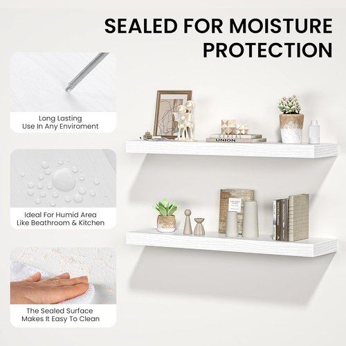 FLYJOE Floating Wall Shelves - Long Wooden Display Shelf with Invisible Brackets | 55"W x 9.3"D x 1.5"H, White