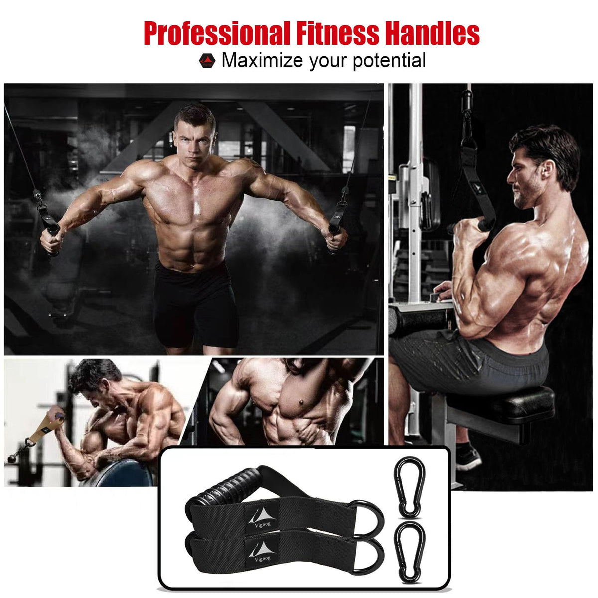 Vigoog Heavy Duty Gym Workout Handle Attachments - Powerful, Comfortable & Anti-Slip Rubber Exercise Grips for Cable Machines, Pulley Systems and Other Fitness Equipments (Carbon Black W)