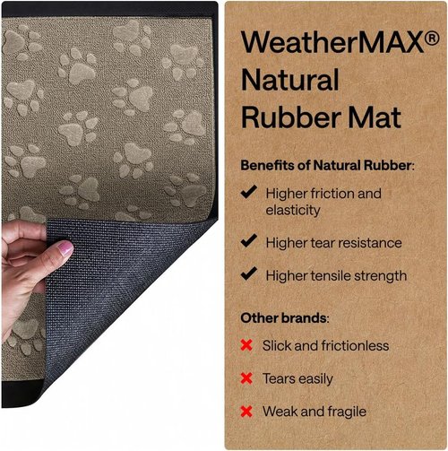 GORILLA GRIP Waterproof All-Season WeatherMAX Doormat | 35x23 Natural Rubber, Stain & Fade Resistant, Easy Clean Tan Pawprints