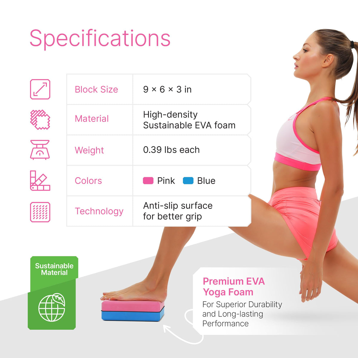 Yoga Blocks 2 Pack with Strap & Guide – Non-Slip EVA Foam Pilates Blocks for Home Workouts, Dance, Ballet, Gymnastics & Stretching Exercise | Ideal Dancer Gifts