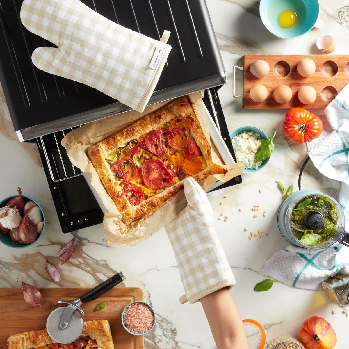 KitchenAid Gingham Oven Mitts - 2-Pack Set in Milkshake Color | 7"x13" Size for Ultimate Protection