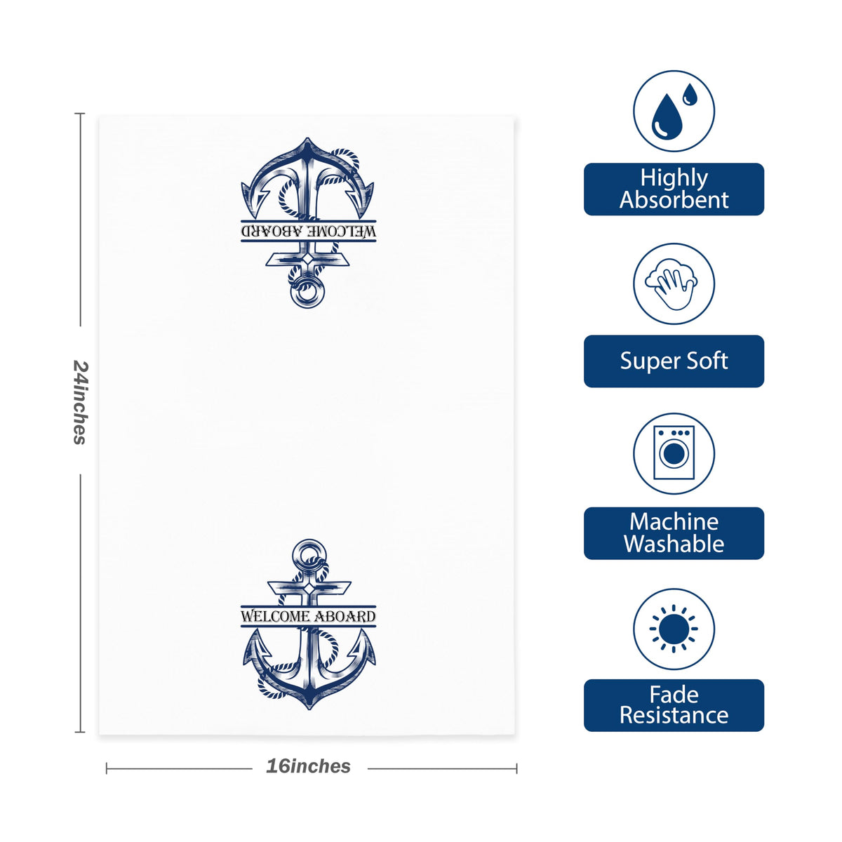 KGHYT Ocean Boat Kitchen Towels,Welcome Aboard Navy Blue Hand Towels Dish Towels for Boat Home Farmhouse Bathroom,16x24 Inches Set of 2.(042)