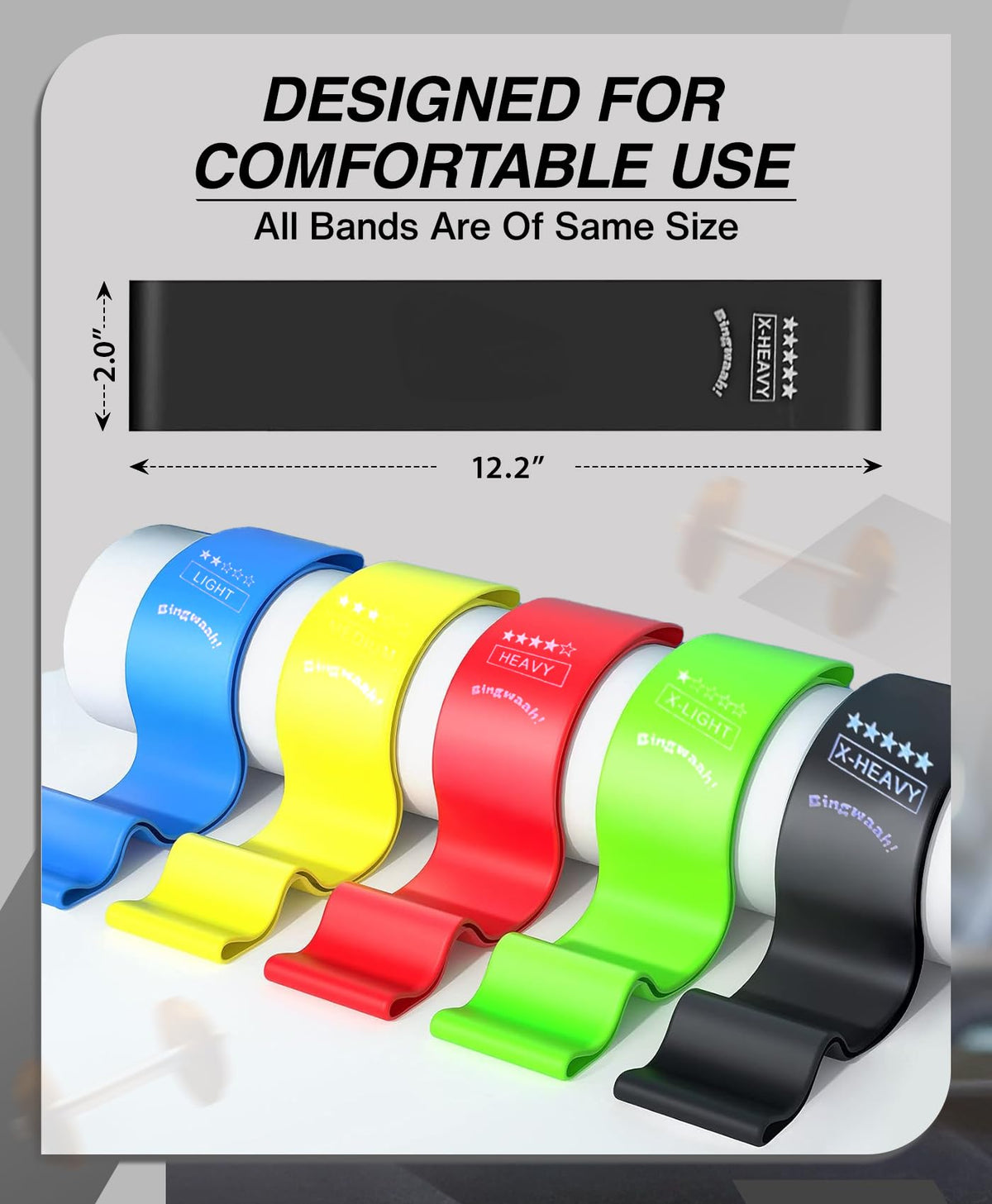 Bingwaah Mini Loop Resistance Bands for Exercise - Set of 5 Elastic Bands for Strength Training & Rehab. Portable & Durable Resistance Bands for Home, Gym & Outdoors with Instruction Guide