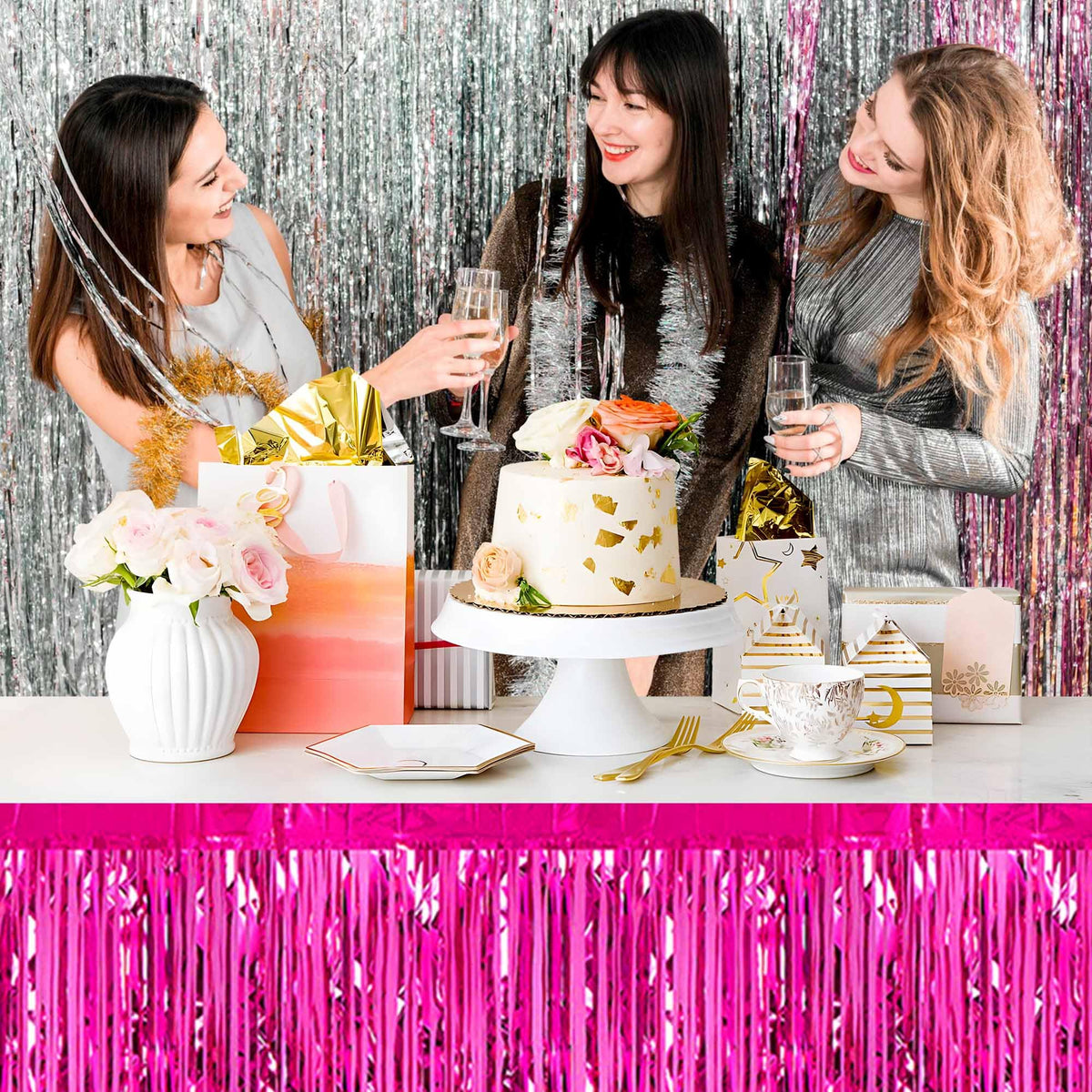 3 Pack Fuchsia Foil Fringe Table Skirts Metallic Tinsel Streamers Garland Banner Backdrop for Table Decor, Parade Float, Birthday, Wedding, Halloween, Christmas Party Decorations(29x108 In)